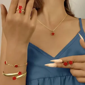 en gros à partir de 10 PCS Femmes porte-bonheur fleur 5 feuilles trèfle ensemble anneau boucle d'oreille collier Bracelet en gros pas cher prix pour mariage Chic charme bijoux